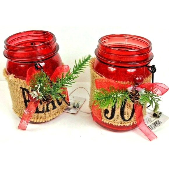 Light Up Christmas Mason Jars Lamps Burlap Holiday Decor Joy Peace Lot of 2 - Picture 1 of 9